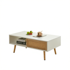 Tavolino da Salotto Moderno Bianco Naturale 105 cm con Anta Scorrevole, Gambe in Legno Massello e Design in Rattan - Product Image 1