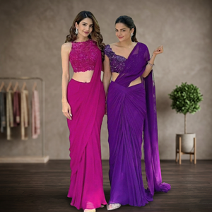 Statement Pink <b>Purple</b> Pre Stitched Shimmer <b>Saree</b> Elegant Women Party Wear Outfit Festive Season Evening Events Regular Fit ODM - Product Image 2