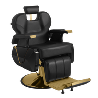 Chaise de barbier traditionnelle haut de gamme avec détails plaqués or, cuir PVC durable et base ronde en acier inoxydable, inclinable