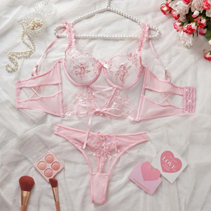 Ensemble de lingerie <span class=keywords><strong>sexy</strong></span> 2 pièces en dentelle transparente pour femme, respirant, en polyamide, avec bonnets pointus, pour des nuits passionnées - Product Image 3