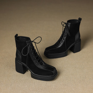 Best-selling Top-grain Cowhide Solid Color Retro Belt-decorated Long Boots Casual <b>One</b>-foot Thick-heeled Mid-calf Anti-slip - Product Image 1