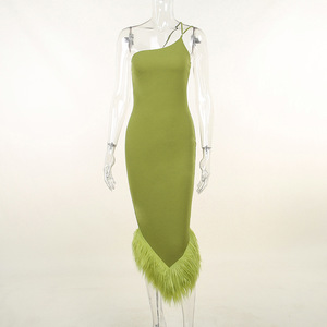 Vestido moda noite feminino, venda quente estilos de penas verdes vestido midi - Product Image 1
