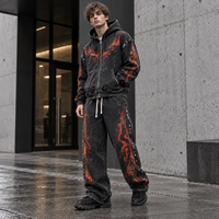 Ensemble sweat à capuche zippé et pantalon IKDEER personnalisé, motif flamme, détails œillet, tenue deux pièces pour homme, idéal pour le quotidien et le streetwear