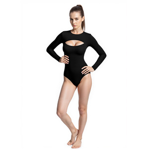 <span class=keywords><strong>Body</strong></span> in tessuto elasticizzato da donna con ritaglio collo a <span class=keywords><strong>maniche</strong></span> <span class=keywords><strong>lunghe</strong></span> e corte tinta tinta tinta t-shirt anteriore Bodysuit Shapewear da donna - Product Image 3