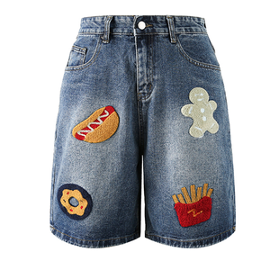 Pantalones vaqueros con parche bordado de chenilla de dibujos animados de alta calidad de fábrica para hombre, pantalones cortos de verano estampados para mí - Product Image 6