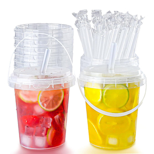 Cundao 1000ml 32oz Cốc dùng một lần Xô Nhựa Có nắp đậy và tay cầm cho bao bì nước giải khát trái cây - Product Image 1