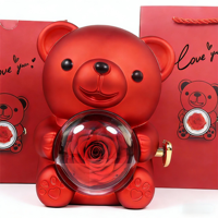Boîte à bijoux rotative en acrylique en forme d'ours en peluche avec fleur préservée - Cadeau éternel pour la Saint-Valentin pour de multiples occasions