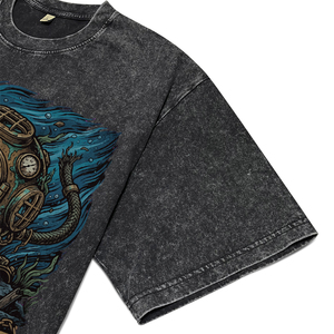 Camisetas de Hombre Vintage con Estampado Gráfico de Casco de Buceo, Lavado Ácido, Manga Corta, Estilo Casual, con Estampado de Letras, Tallas Grandes - Product Image 4