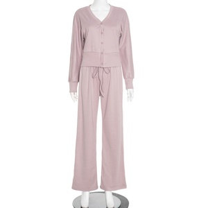 Viviblook J25ST268 nouvelles dames automne tenues 2 pièces ensemble automne nouveau décontracté bouton ample vêtements de sport côtelé pantalon ensemble pour les femmes - Product Image 2
