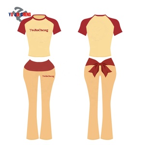 Completo Coordinato da Donna Due Pezzi: T-shirt a Maniche Corte con Blocchi di Colore <span class=keywords><strong>e</strong></span> Pantaloni con Fiocco, Personalizzabile con Maniche Raglan - Product Image 2