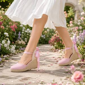 Sandalias de Plataforma con Cordones y Lazos para Mujer, con Logotipo Personalizado OEM, de Lona y Yute, para Fiestas de Verano en el Jardín - Product Image 2