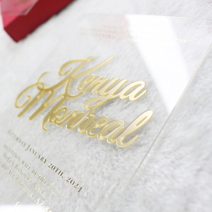 Invitaciones de cumpleaños de boda de acrílico transparente DIY con iniciales de oro cortadas con láser de lujo de muestra <span class=keywords><strong>gratis</strong></span> con caja de papel roja - Product Image 3