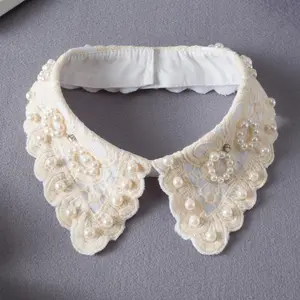 Champagne White Pearl Beaded Lace Stand Up Fake Lace Collar For Ladies Shirt