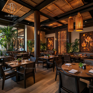 Set di Arredamento per Ristorante e Caffetteria: Tavolo Rotondo in Legno Marrone Scuro con 4 Sedie in Legno Marrone Scuro e Cuscini in Velluto per Bar - Product Image 2