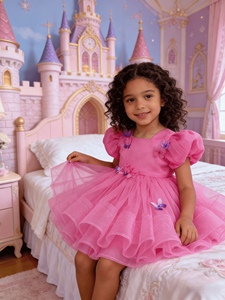 Abito da festa per <span class=keywords><strong>bambina</strong></span> con maniche a sbuffo, applicazioni 3D a <span class=keywords><strong>farfalla</strong></span>, balze in tulle, abito da damigella d'onore - Product Image 3