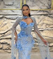 Robe de soirée longue bleue LM A720 pour femme, style doux, motif léopard, dentelle diamantée, fleur, pour anniversaire, bal de promo, fête