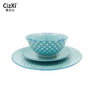 New style 4 pcs round blue grid porcelain dinnerware set for Restaurant