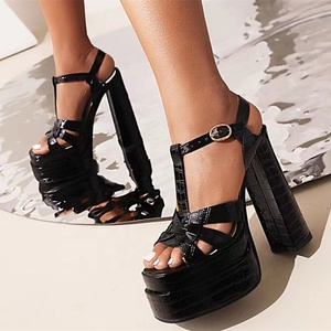 Sandales romaines à plateforme épaisse noires, printemps-été 2022, style rétro, bout carré, boucle à fermoir, talon épais, chaussures pour femmes, taille 43 - Product Image 2