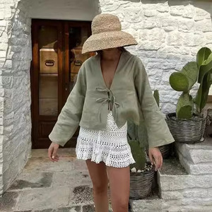 Primavera donna nuovo Top Streetwear con manica profonda in corno a V ampio scollo a V a maniche lunghe camicie con fiocco in lino di cotone rosse - Product Image 3