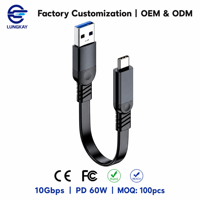 Câble USB 3.2 Gen 2 court et plat LUNG KAY OEM, 10 Gbps SuperSpeed, 60 W, USB-A vers USB-C, cordon de données pour SSD externe, CarPlay