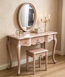 Luxury European Carved Solid Wood <b>Vanity</b> Set with Oval Mirror , Storage Champagne <b>Makeup</b> Desk for Bedroom Dressing Table - Product Image 5