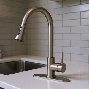 Robinet mélangeur de cuisine DB en acier inoxydable nickel brossé, à poignée unique extractible, design moderne, fixation murale - Product Image 2