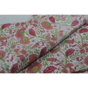 Peach & Lime <b>Green</b> Floral Jaal Hand Block Printed Cotton Fabric Traditional Jaipur Artisan Textile on White - Product Image 2