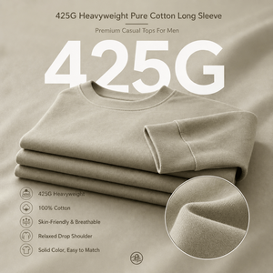 Premium <b>Men</b> 425G Heavyweight Cotton Long Sleeve Tee Solid Color Crewneck Drop Shoulder Casual Top Custom OEM Supplier Wear - Product Image 3