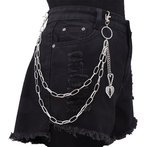 Heart Feather Pendant Double Layer Metal <b>Trouser</b> <b>Chain</b> Unisex Waist <b>Chain</b> Daily Wear Tibetan Silver Hip Hop Fashion Accessory - Product Image 3