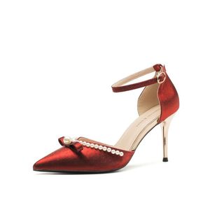Heeled Sandals Pointed Toe Stiletto <b>Heel</b> Back Strap Elegant <b>Red</b> Pearl Bead Wedding Dress Shoes - Product Image 5