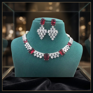 Ensemble collier et boucles d'oreilles classiques en argent plaqué zircon avec pierres rouges taille émeraude, design géométrique pour femme, bijoux de mariage - Product Image 6