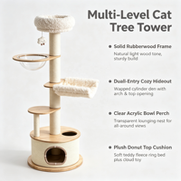 Arbre à chat multi-niveaux CreamDen 152,5 cm avec structure en MDF et placage de bois de bruyère, tressé de sisal, avec niche pour chat, bol en acrylique transparent et grand panier en peluche