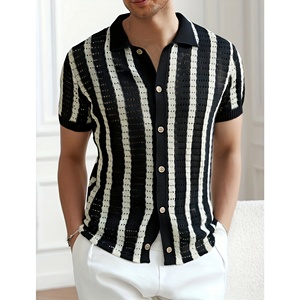 Maglione Estivo Traforato a Righe Verticali con Colletto, T-shirt a Maniche Corte, <span class=keywords><strong>Cardigan</strong></span> da Uomo - Product Image 2