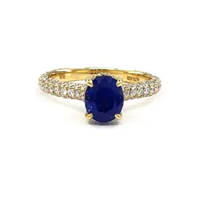 King O King Solitaire Collection 18k Solid Gold Real Natural Diamond Oval Blue Sapphire Gemstone Semi Mount Ring For Women