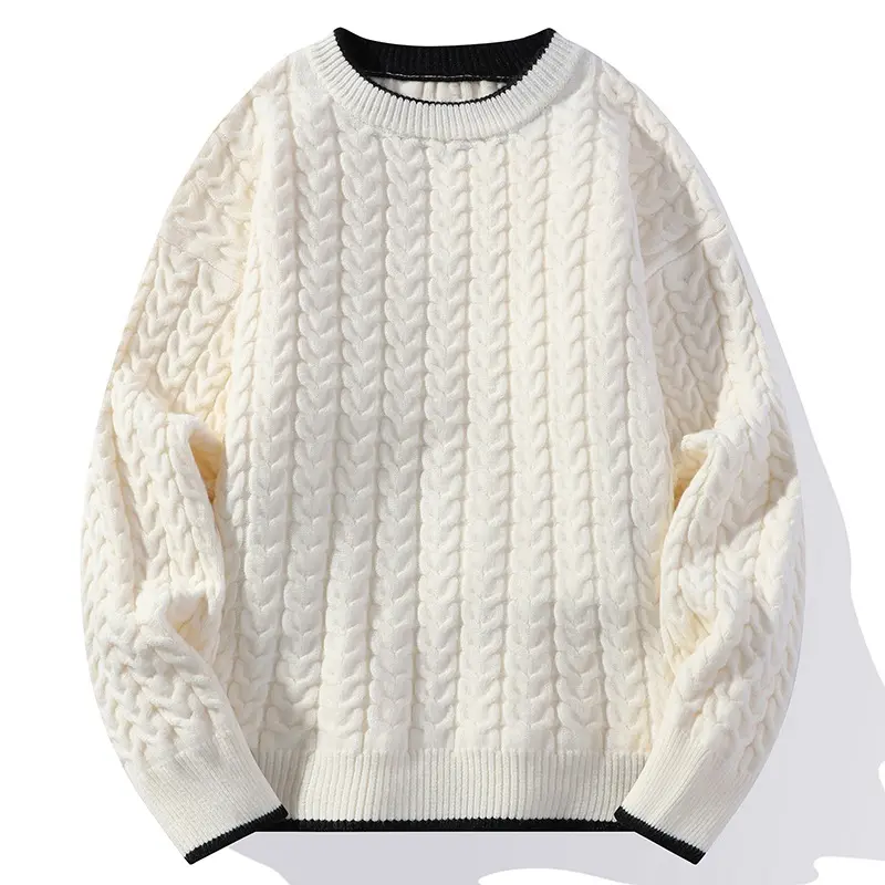 Shinesia OEM Streetwear Embroidered Cropped Sweater Custom Wool Jacquard Cashmere Crewneck Thick Winter Pullover Knitted Sweater