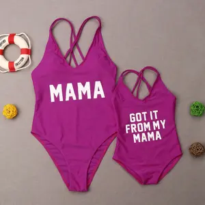 批发定制设计流行纯色妈妈和女儿泳装小女孩比基尼海滩穿儿童泳装