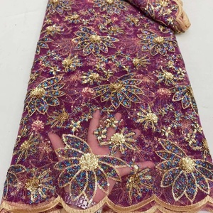 レッドチュールゴールデンスパンコール刺繍レディースアフリカレース生地パーティードレス - Product Image 3