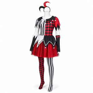 Costume de Clown Maléfique pour Halloween pour <span class=keywords><strong>Femme</strong></span>, Robe Imprimée Asymétrique 5 Pièces avec Jupe en Tulle, Chapeau, Bandeau, Manchettes et Bas - Product Image 1