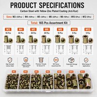 165 Buah Kit Mur Rivet Knurled Blind Rivnuts dengan Kepala Flens Datar untuk Penutup Mesin dan Furnitur