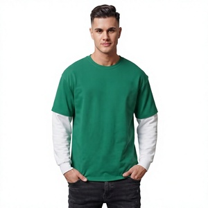 เสื้อยืดคอกลมแขนยาวสีเขียวแบบสั่งทำพิเศษ ผ้าคอตตอน 300 กรัม ป้องกันรอยยับ สไตล์สตรีทแวร์ สำหรับผู้ชาย รับผลิตแบบ OEM แบรนด์ส่วนตัว ขายส่ง - Product Image 1