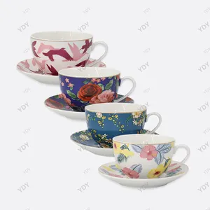 现代花卉图案大型俄罗斯瓷器咖啡杯和茶碟陶瓷堆叠阿拉伯咖啡杯茶杯套装