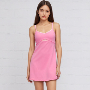 Robe de tennis pour femme, motif uni, sans manches, avec coussinets de poitrine, jupe une pièce anti-transparence, short de sécurité intégré, séchage rapide, en nylon - Product Image 4