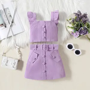 2024女婴服装夏季童装蕾丝褶皱吊带单排扣裙带3pcs Soild女童服装套装