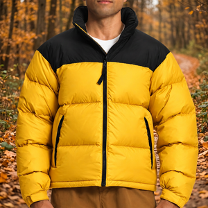 Men's Yellow Black Color Block <b>Puffer</b> <b>Jacket</b> Windproof Zipper Closure Stand Collar Casual Winter Outerwear Thick Polyester Shell - Product Image 4