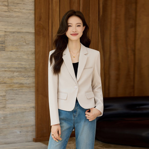 Women's Off White Blazer Solid Color Pocket Design Autumn Commuter Suit - Product Image 1