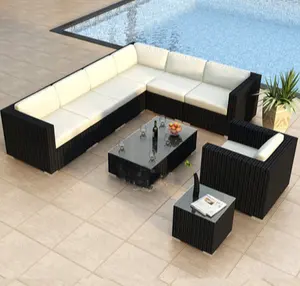 Bộ Đồ Nội Thất Bằng Mây 6 Món Sofa Mặt Cắt Sân Sau Vườn Ngoài Trời Bàn Kính Có Thể Tháo Rời Đệm Đan Lát PE Mọi Thời Tiết Dày