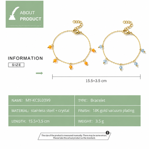 Bracelet en acier inoxydable pour femme avec perles en cristal, chaîne dorée avec pendentifs facettés bleus, oranges ou noirs, 15,5+3,5 cm - Product Image 2