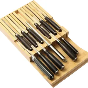 Factory Directly Flat Bamboo Wooden Kitchen Knife Organizer Knife Holder for 12 Knives