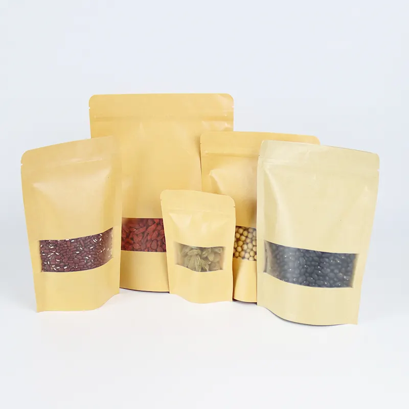 Bolsas de embalaje de papel Kraft marrón con cremallera para almacenamiento de alimentos, bolsas de embalaje resellables con cierre térmico, Doypack con ventana transparente