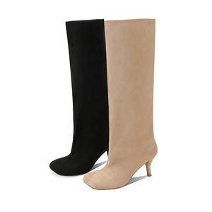 Stivali da donna Moncheer con tacco a spillo in finta pelle scamosciata al ginocchio |   Stivali Eleganti Elasticizzati Slim Fit Neri e Beige - Product Image 1